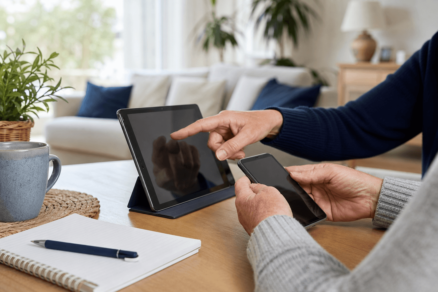 Aide smartphone et tablette à domicile avec une explication patiente